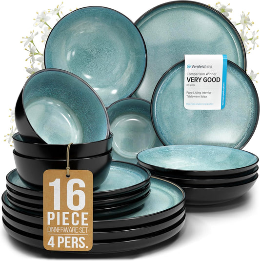 16 Piece Stoneware Dinnerware Set for 4, Handcrafted Plates and Bowls Set