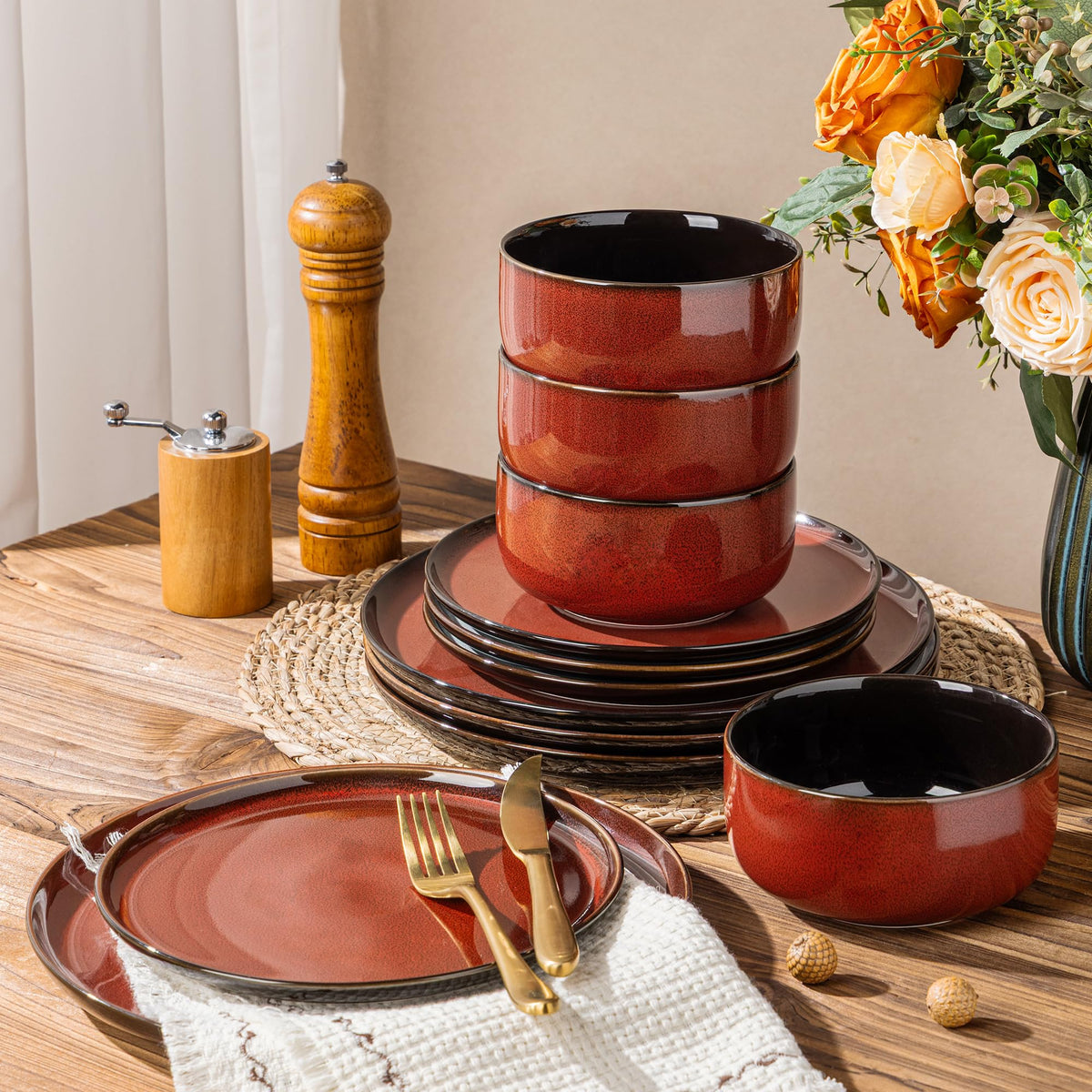 LeRatio Ceramic Dinnerware Sets for 4,12Pcs Porcelain Plates and Bowls Set