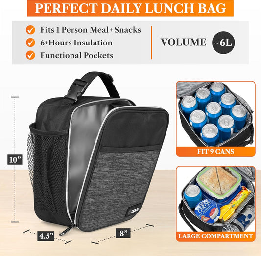 opux Insulated Lunch Bag for Kids Boys Girls, Small Compact Lunch Box with Wide Opening & Mesh Pockets, Reusable Lunch Pail for School, Work, Adults, Men, Women, Charcoal Grey