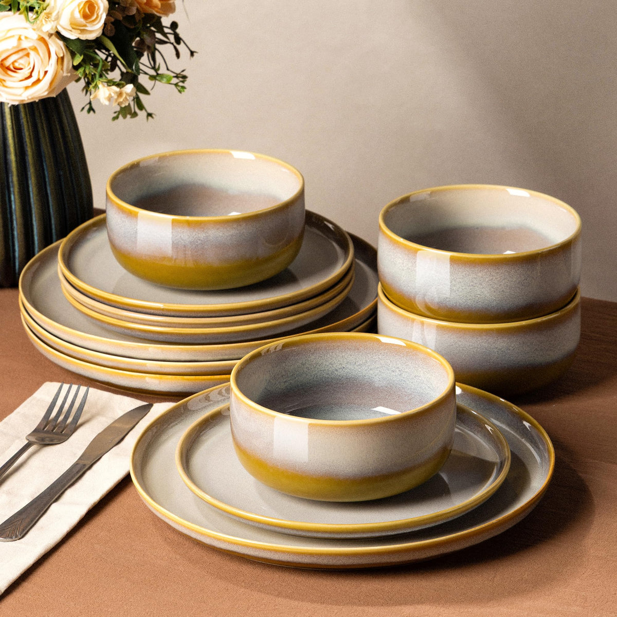 TheTerra Ceramic Dinnerware Set for 4, 12-Piece Plates and Bowls Set