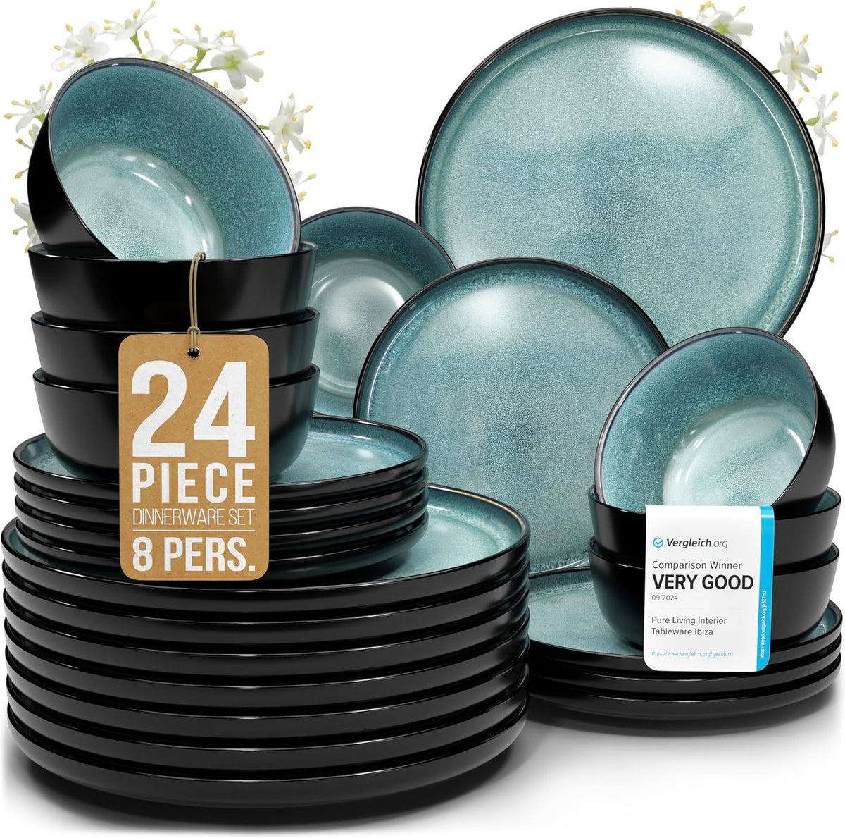 16 Piece Stoneware Dinnerware Set for 4, Handcrafted Plates and Bowls Set