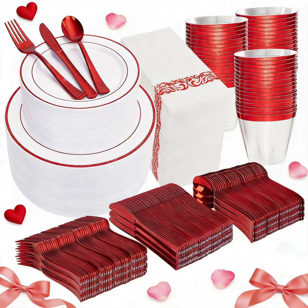 WELLIFE 50 Guests Dinnerware Sets, Gold Plastic Plates，Platos Para Fiestas Elegantes Desechables Include:50 Dinner Plates, 50 Dessert Plate, 150 Pcs Gold Plastic Silverware, 50 Cups for Party