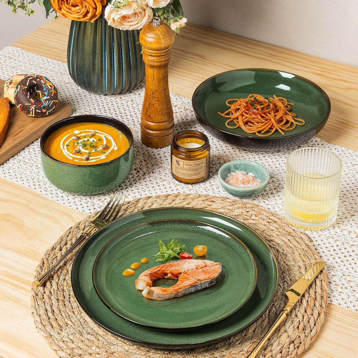 LeRatio Ceramic Dinnerware Sets for 4,12Pcs Porcelain Plates and Bowls Set