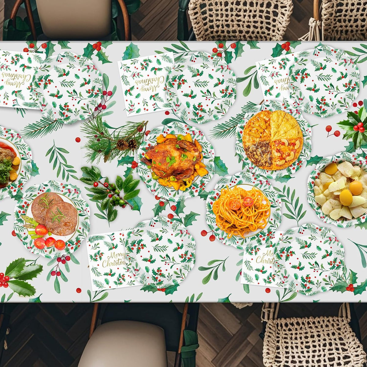 150 Pcs Merry Christmas Plates and Napkins - Disposable Christmas Paper Plates and Napkins, Holly Leaves Red Berries Tableware Sets for Winter Xmas Party Table Decorations Supplies Favors, Serve 50