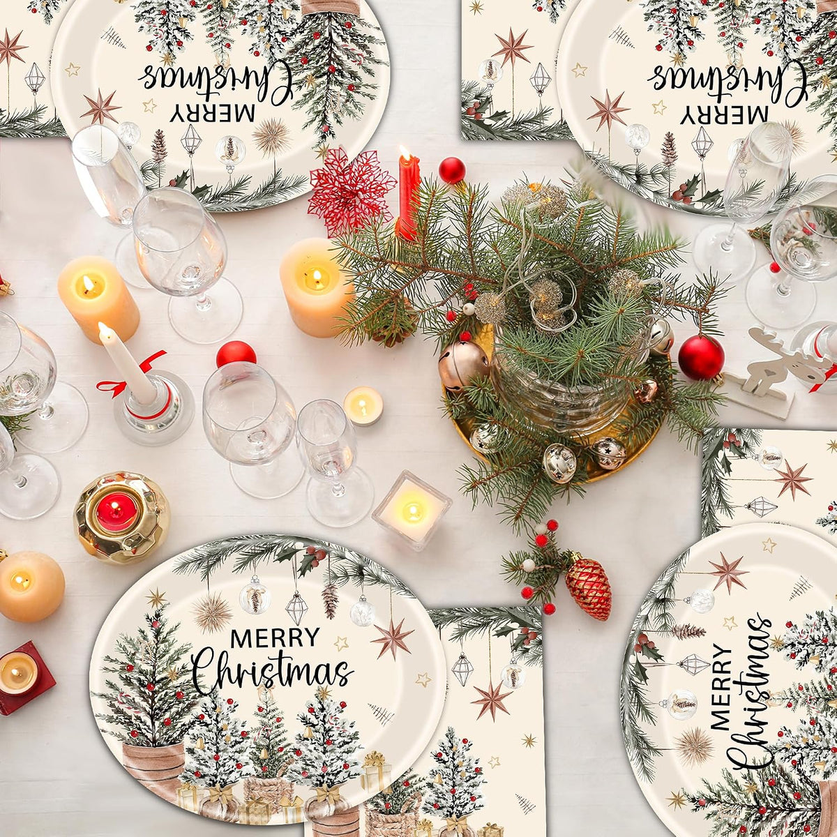 100Pcs Merry Christmas Oval Paper Plates and Napkins ,12"x10" Beige Plates