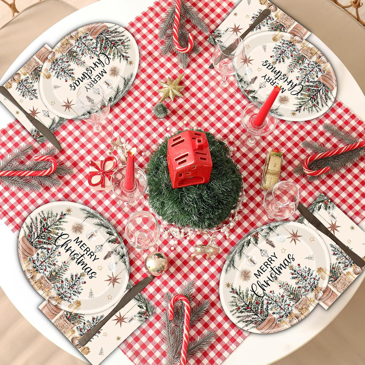 100Pcs Merry Christmas Oval Paper Plates and Napkins ,12"x10" Beige Plates