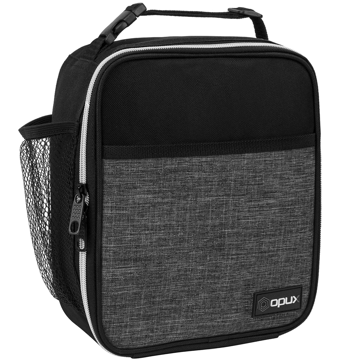 opux Insulated Lunch Bag for Kids Boys Girls, Small Compact Lunch Box with Wide Opening & Mesh Pockets, Reusable Lunch Pail for School, Work, Adults, Men, Women, Charcoal Grey