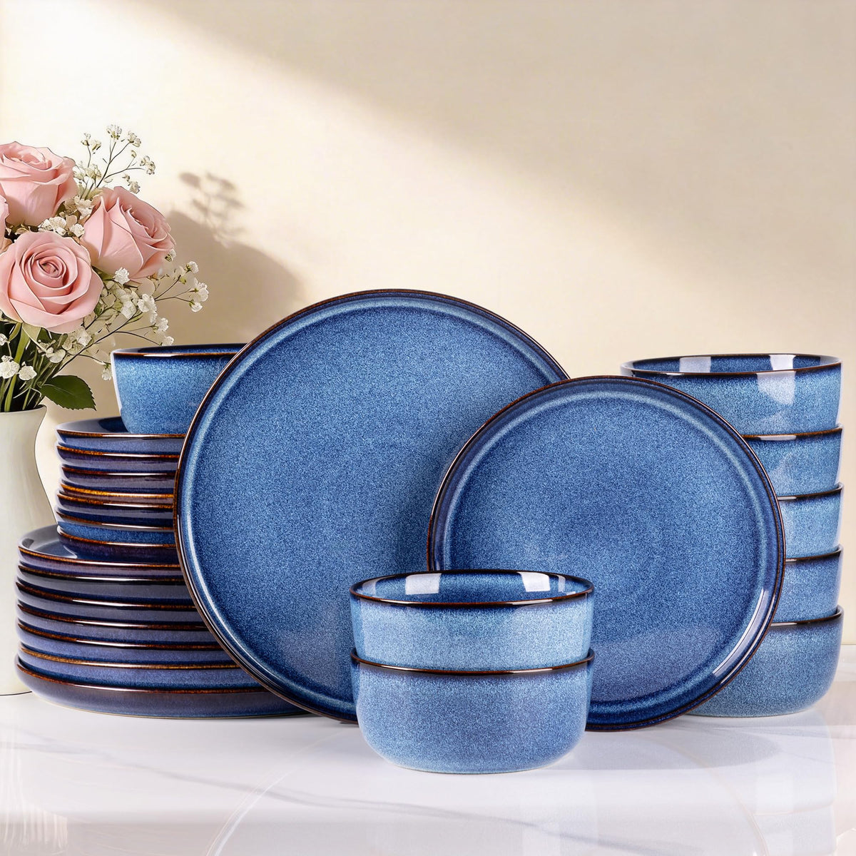 GBHOME Ceramic Dinnerware Sets for 8, 24 Pieces Stoneware Plates and Bowls Sets, Scratch Resistant Dishes, Dishwasher & Microwave Safe, Reactive Glaze-Green Wheat