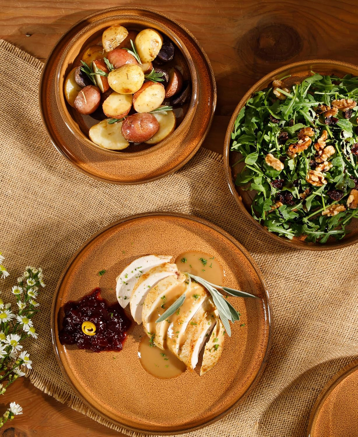 Bloomhouse - Two Time Oprah's Favorite Things Winner - Santorini Mist Double Bowl Terracotta Reactive Glaze Plates and Bowls Dinnerware Set - Amber, Service for Four (16pcs)