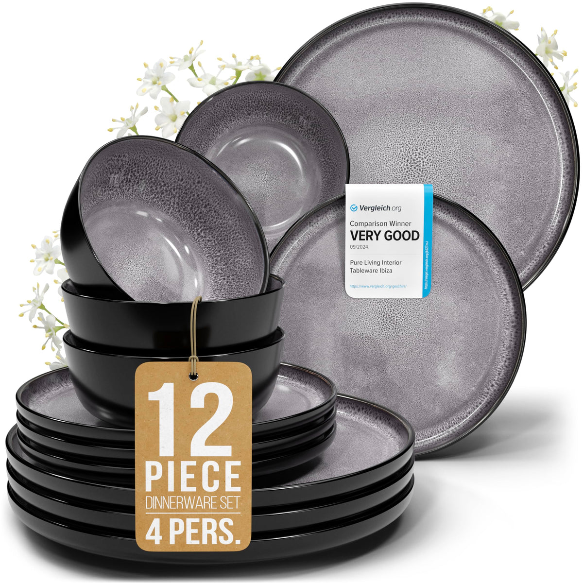 16 Piece Stoneware Dinnerware Set for 4, Handcrafted Plates and Bowls Set