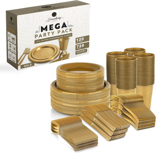 Grandipity Disposable Plastic Dinnerware Sets for Parties (720 pcs)