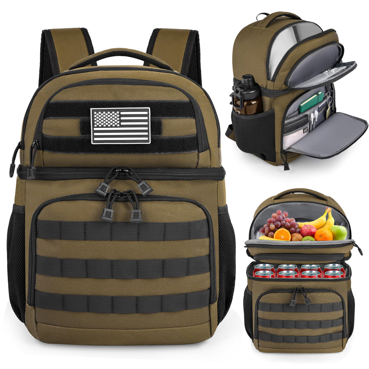 MOZETO Lunch Backpack for Men, Tactical Inspired Double Deck Cooler Backpack Insulated Leakproof RFID Lunchbox for Work (Black)