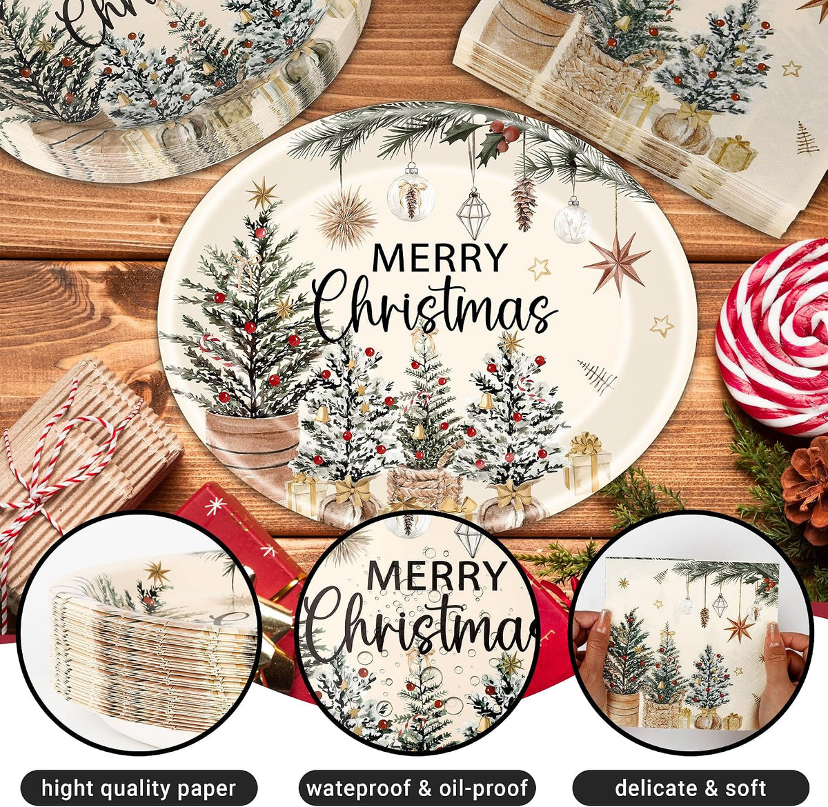 100Pcs Merry Christmas Oval Paper Plates and Napkins ,12"x10" Beige Plates