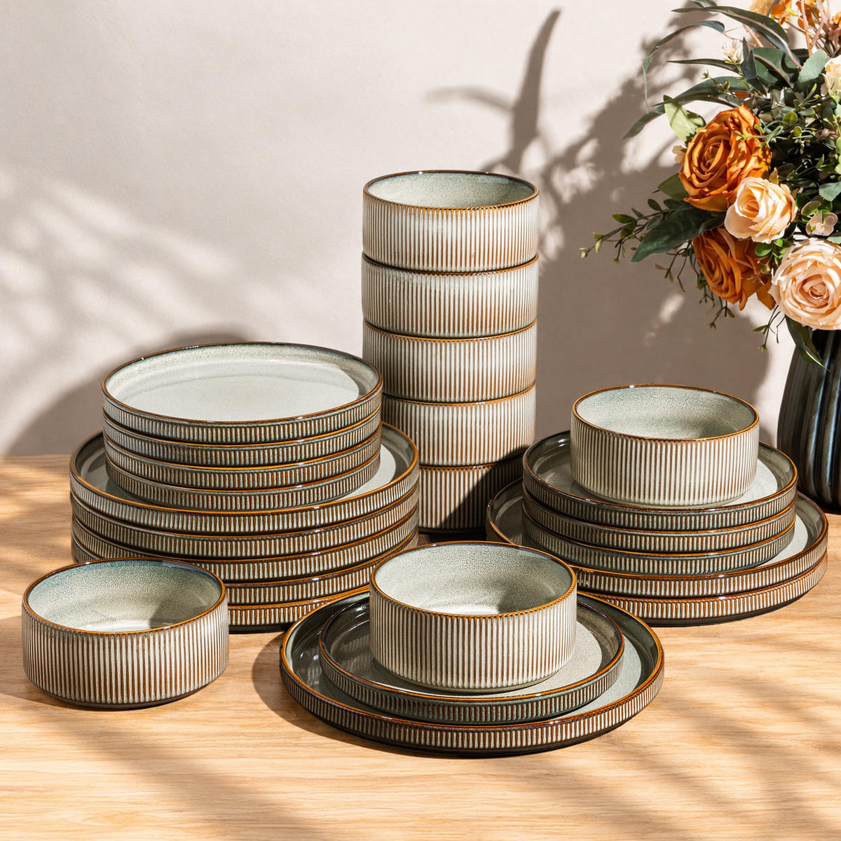 GBHOME Stoneware Dinnerware Sets for 4,12-Piece Plates and Bowls Set