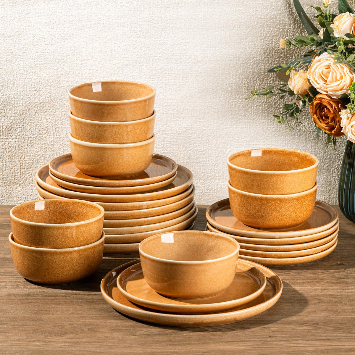 GBHOME Ceramic Dinnerware Sets for 8, 24 Pieces Stoneware Plates and Bowls Sets, Scratch Resistant Dishes, Dishwasher & Microwave Safe, Reactive Glaze-Green Wheat