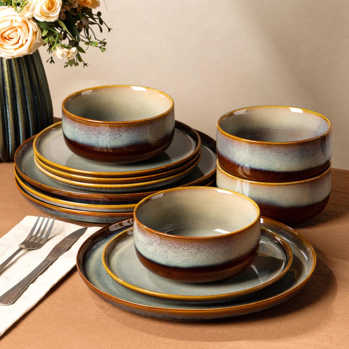 TheTerra Ceramic Dinnerware Set for 4, 12-Piece Plates and Bowls Set