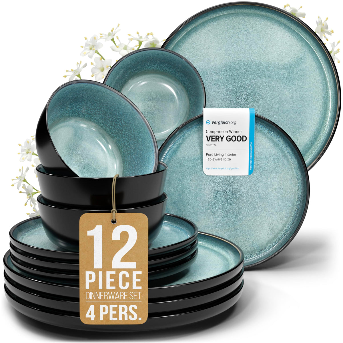 16 Piece Stoneware Dinnerware Set for 4, Handcrafted Plates and Bowls Set