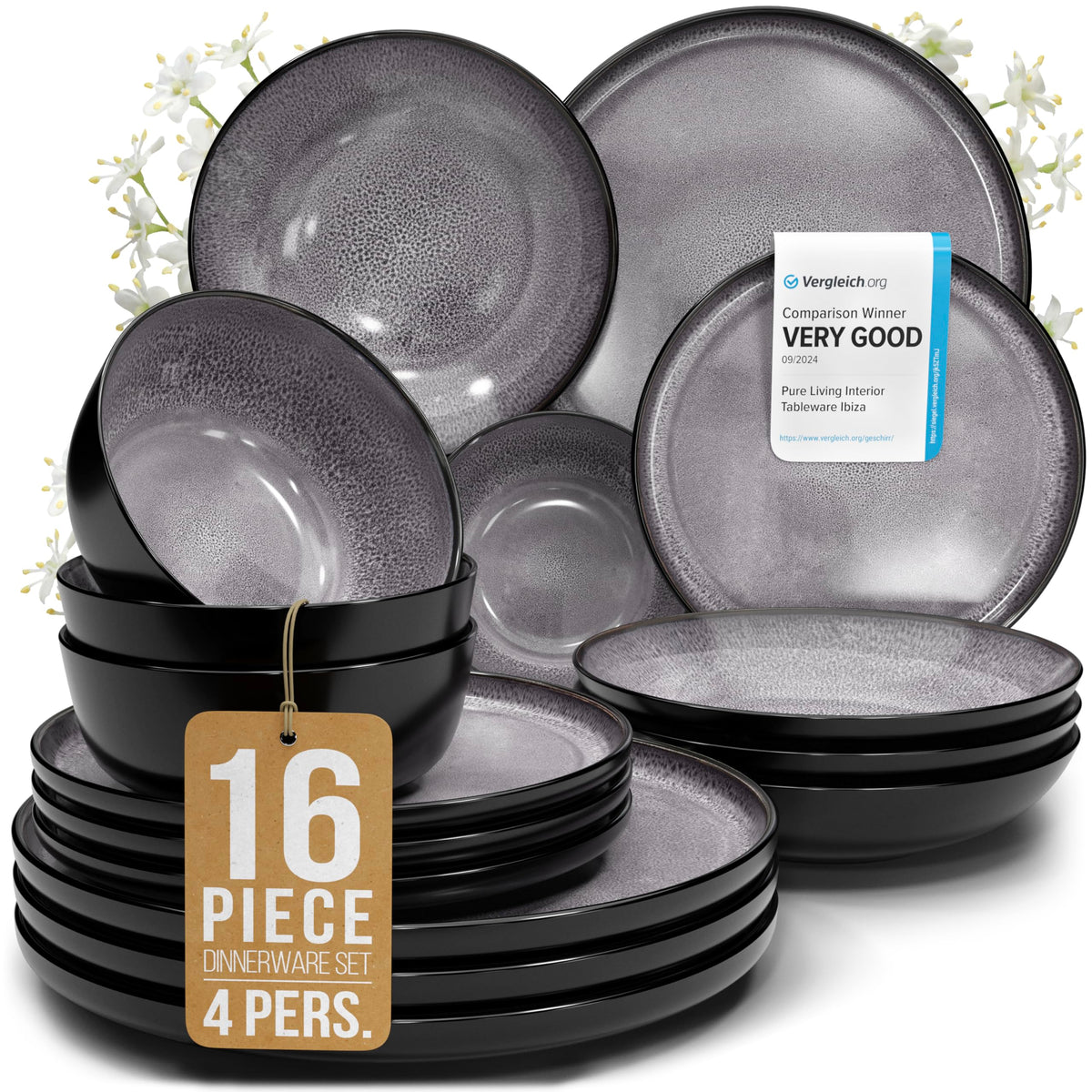 16 Piece Stoneware Dinnerware Set for 4, Handcrafted Plates and Bowls Set