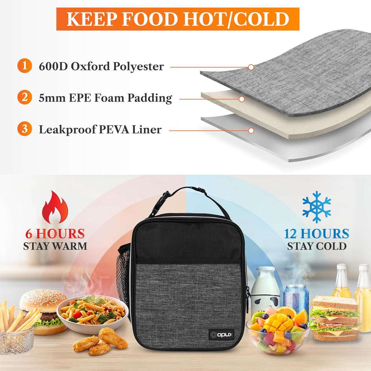 opux Insulated Lunch Bag for Kids Boys Girls, Small Compact Lunch Box with Wide Opening & Mesh Pockets, Reusable Lunch Pail for School, Work, Adults, Men, Women, Charcoal Grey