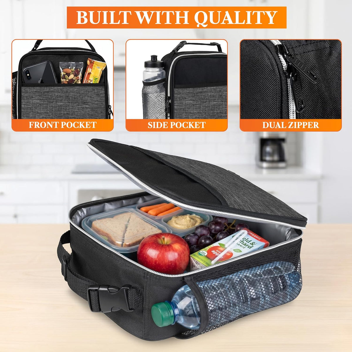 opux Insulated Lunch Bag for Kids Boys Girls, Small Compact Lunch Box with Wide Opening & Mesh Pockets, Reusable Lunch Pail for School, Work, Adults, Men, Women, Charcoal Grey
