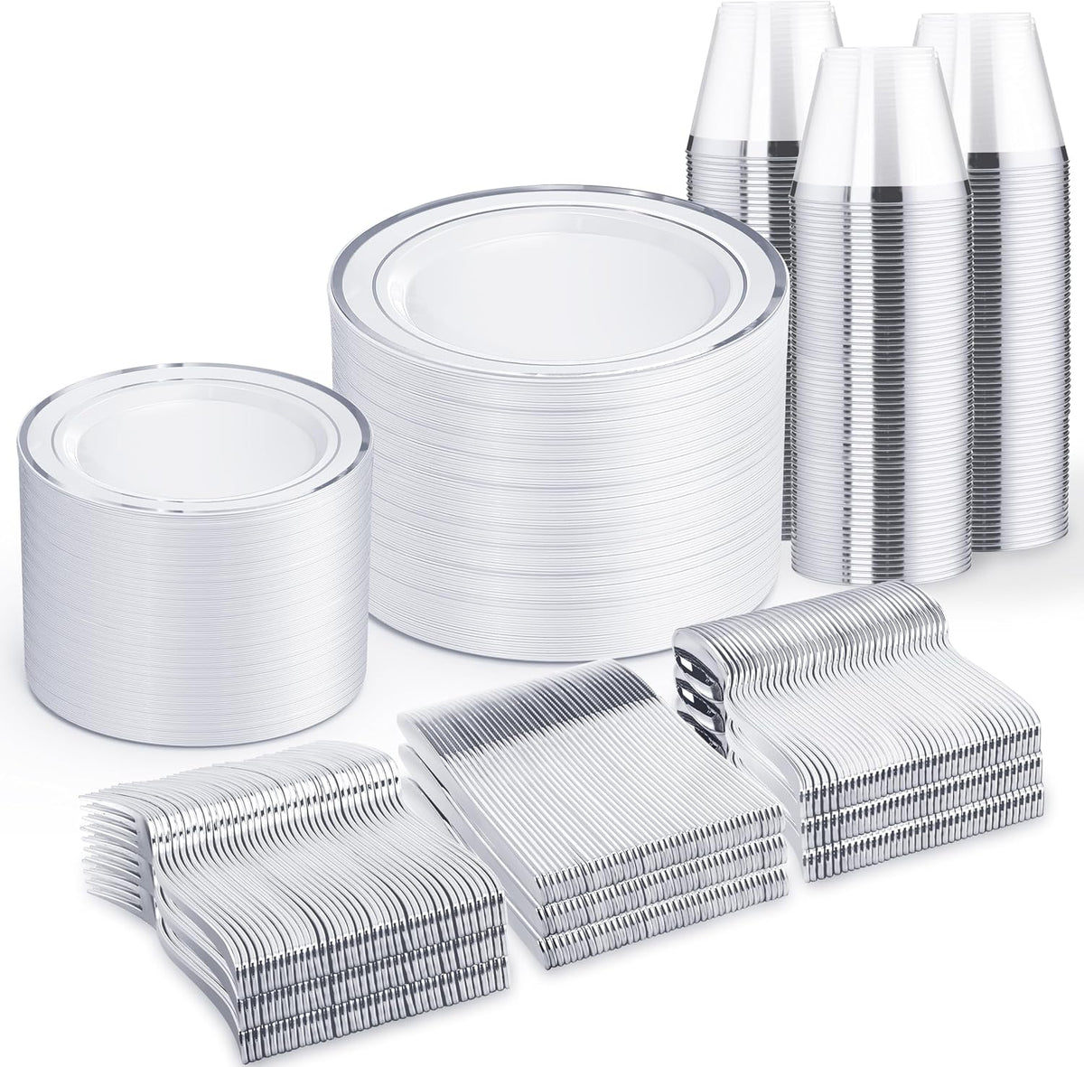 WELLIFE 600 PCS Silver Disposable Dinnerware Set for 100 Guests