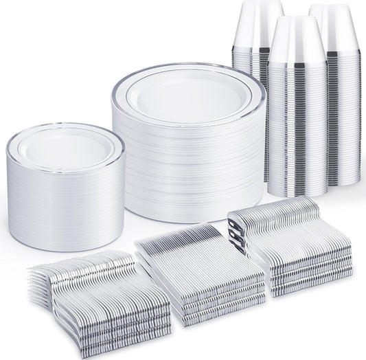 WELLIFE 600 PCS Silver Disposable Dinnerware Set for 100 Guests