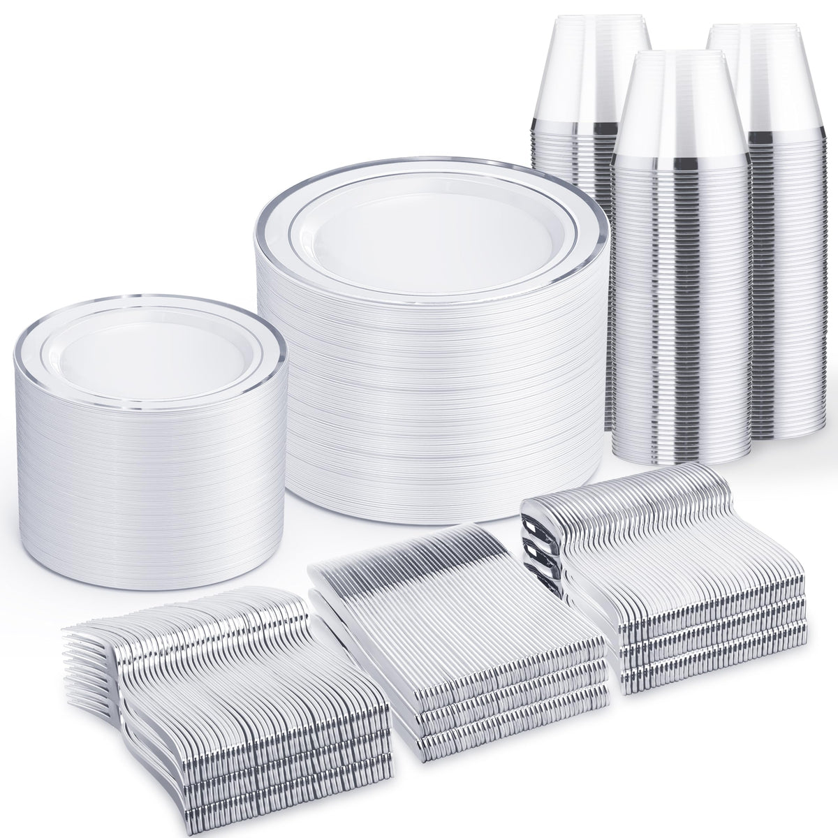 WELLIFE 600 PCS Silver Disposable Dinnerware Set for 100 Guests