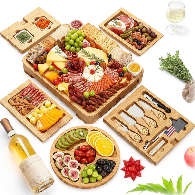 Yes4Quality Large Size Bamboo Charcuterie Board Gift Set - 15-Piece Deluxe or 23-Piece Premium Set with Juice Groove, Fruit Tray, Cheese Knives, Ceramic Bowls, Wine Opener, Organized Layout Utensil Drawer, Dishwasher-Safe Tableware, Adult Kitchen Decor, R