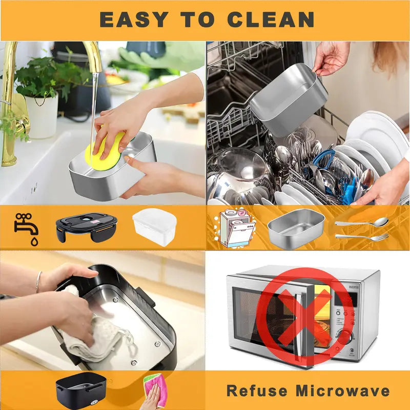 100W Fast-Heating Thermal Lunch Box for Adults, Portable Plastic Insulated Lunch Box with Insulated Bag, 12V/24V Car & 110V Home Dual Use, Rainproof Plug Lonchera Electrica