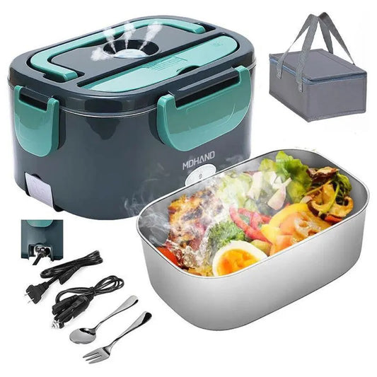 2-in-1 Electric Heating Durable Bento Box for Adults - Leakproof Lunch Box with Handle, 4 Removable Stainless Steel Containers, 2 Plugs (110V-12V-24V 60W) for Car/Truck/Home, Kitchenware Tableware