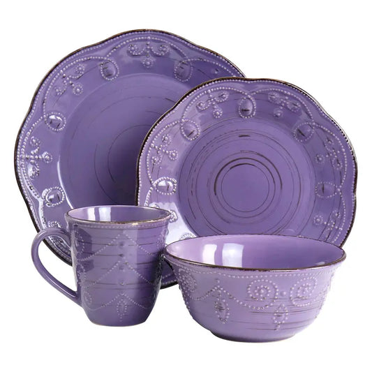 Elama Rustic Birch 16-Piece Stoneware Dinnerware Set in Purpl