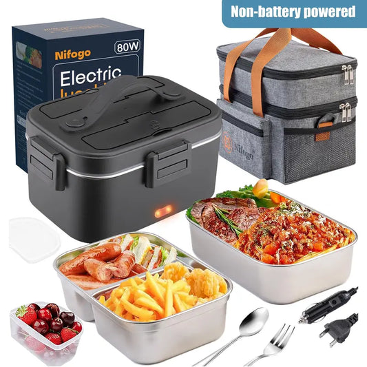 Nifogo 1-Layer Electric Heated Lunch Box - Thermal, 1.5L/1.8L/2.5L Fast Heating, Leak-Proof Insulated, 110V-12V-24V Portable with Tableware Inside & Insulated Lunch Bag for Home, Work