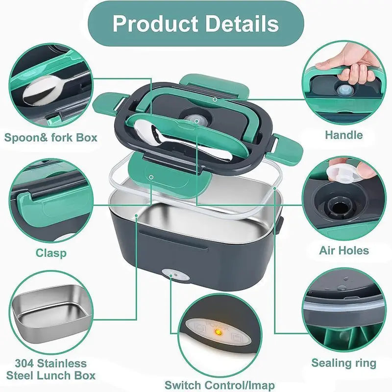 2-in-1 Electric Heating Durable Bento Box for Adults - Leakproof Lunch Box with Handle, 4 Removable Stainless Steel Containers, 2 Plugs (110V-12V-24V 60W) for Car/Truck/Home, Kitchenware Tableware