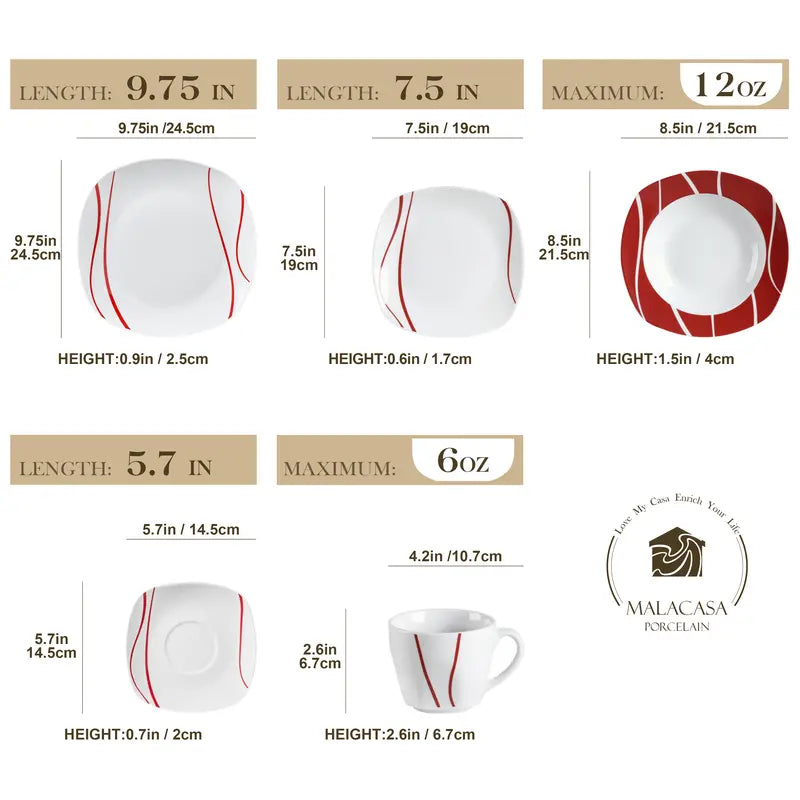 MALACASA Fiesta Dinnerware Sets, 18/24/30 PCS-Porcelain Square Dishes, Modern Dish Set for 6 - Plates and Bowls Sets, Cups and Saucers Set - Series FELISA Winter Holiday summerwins