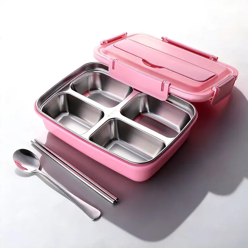 Geometric BPA-Free Personal Lunch Box - Aesthetic Compact for Backpacks Insulated Reusable Thermal Tableware, 3-Grid Steel & Silicone Set, Blue, Includes Spoon, Chopsticks, Snack Container, Ideal for School Kids