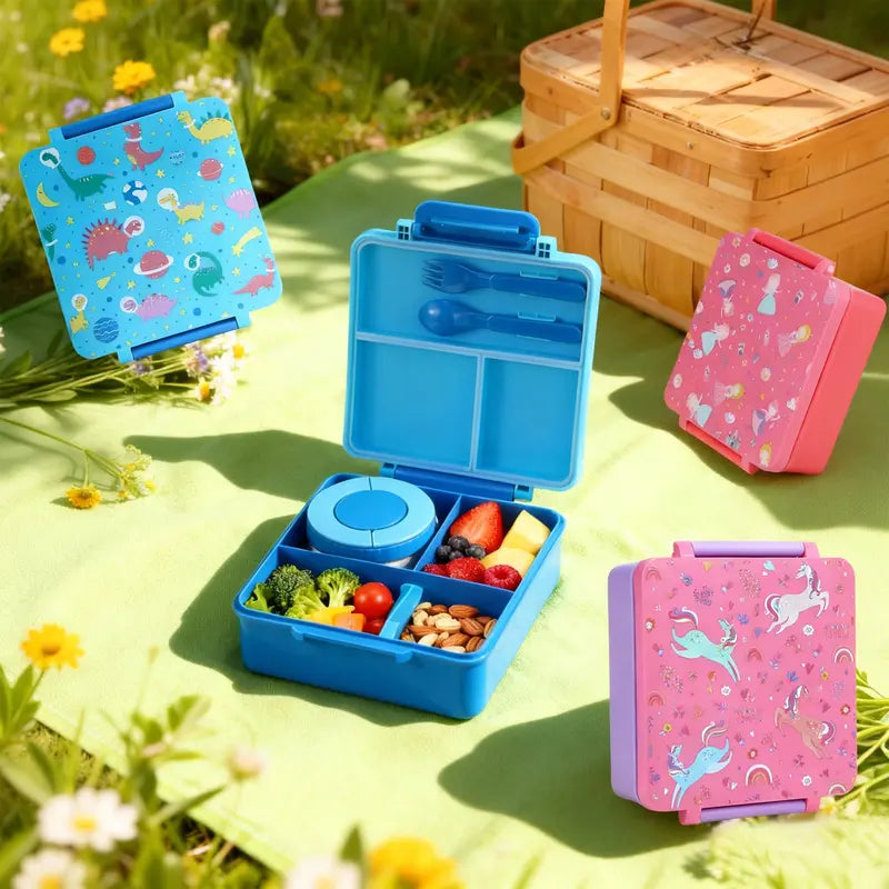 ChicLab Unicorn Pattern Reusable Lunch Box - 4 BPA-Free Compartments, Airtight Leakproof Insulated Sturdy Tableware with 8oz Soup Thermos, Portable Lightweight for School