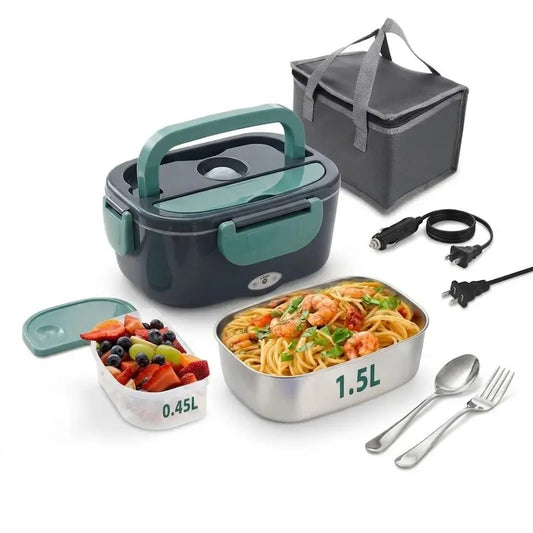 Electric Heated Lunch Box for Car Truck Office, 80W 12V 24V 110V Portable Food Warmer with 1.5L Stainless Steel Container, Leak Proof Heatable Bento Box with Fork Spoon Bag, Kitchen Accessories Perfect Gift