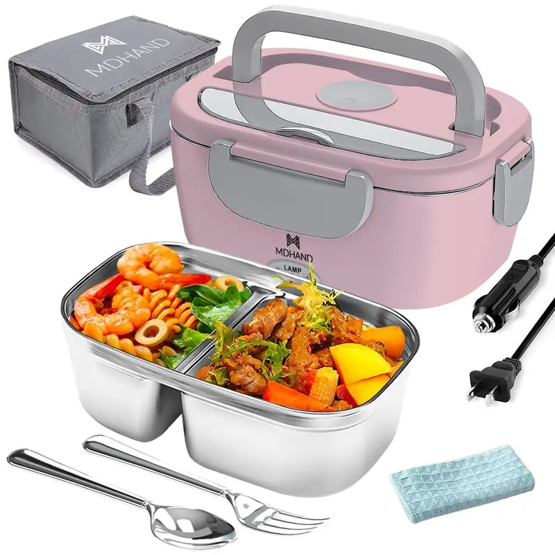2-in-1 Electric Heating Durable Bento Box for Adults - Leakproof Lunch Box with Handle, 4 Removable Stainless Steel Containers, 2 Plugs (110V-12V-24V 60W) for Car/Truck/Home, Kitchenware Tableware