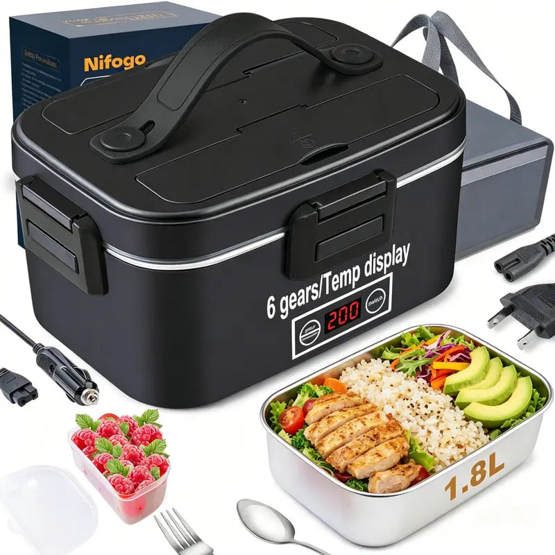 100W Fast-Heating Thermal Lunch Box for Adults, Portable Plastic Insulated Lunch Box with Insulated Bag, 12V/24V Car & 110V Home Dual Use, Rainproof Plug Lonchera Electrica