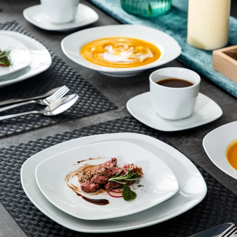 MALACASA Porcelain Dinnerware Set - Square Ceramic Plates & Bowls Set, 18/24/30/36/50 Pieces, Modern Design, Dishwasher & Microwave Safe Cutlery Winter Holiday