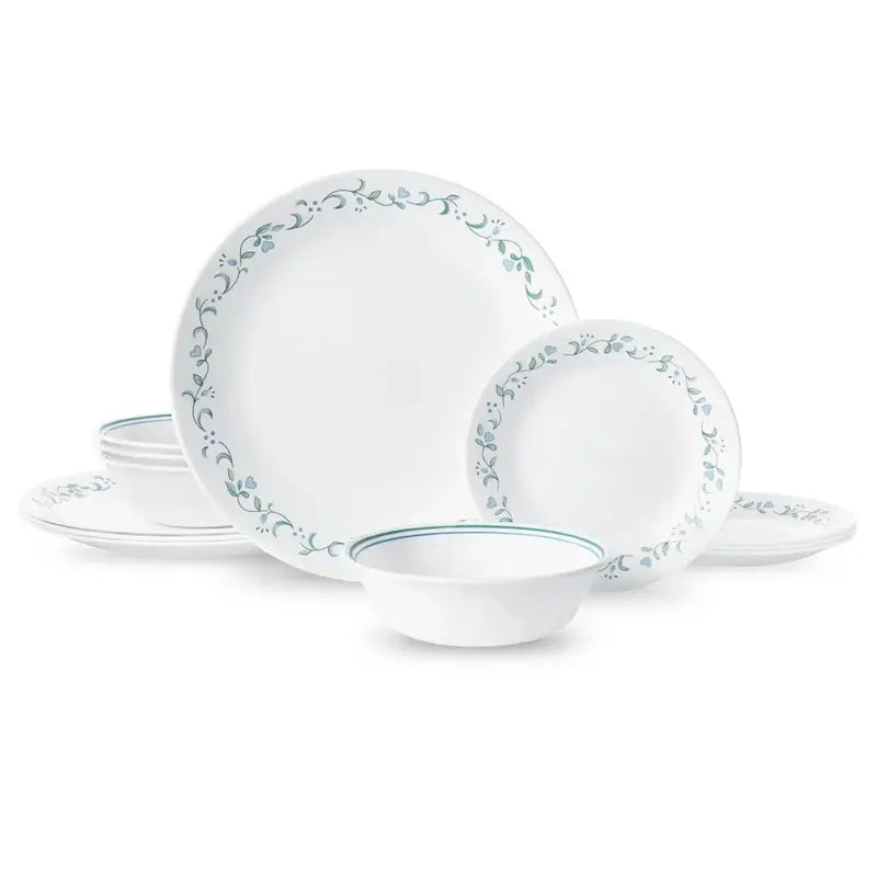 White and Green Round 12-Piece Dinnerware Set – Non-Porous Easy-Clean Ceramic Tableware Service for 4