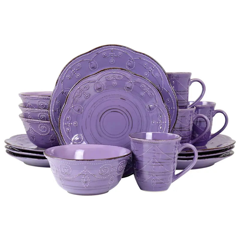 Elama Rustic Birch 16-Piece Stoneware Dinnerware Set in Purpl