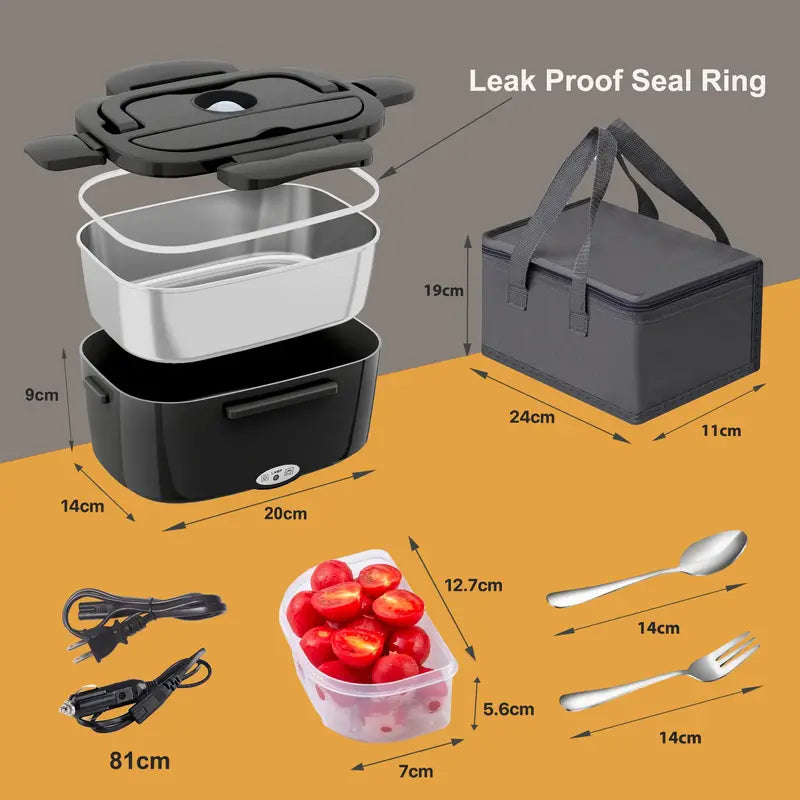100W Fast-Heating Thermal Lunch Box for Adults, Portable Plastic Insulated Lunch Box with Insulated Bag, 12V/24V Car & 110V Home Dual Use, Rainproof Plug Lonchera Electrica