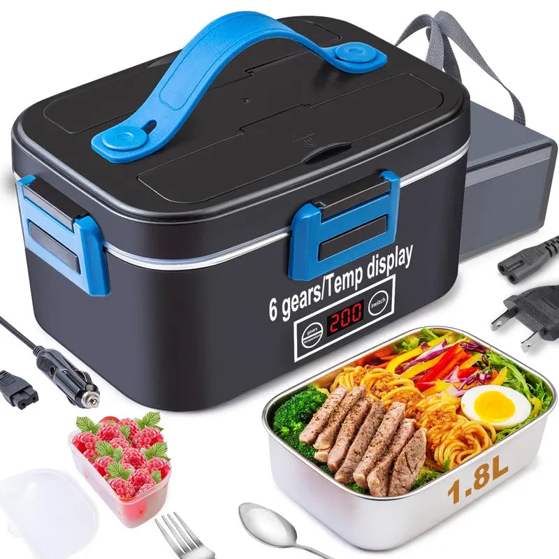 100W Fast-Heating Thermal Lunch Box for Adults, Portable Plastic Insulated Lunch Box with Insulated Bag, 12V/24V Car & 110V Home Dual Use, Rainproof Plug Lonchera Electrica