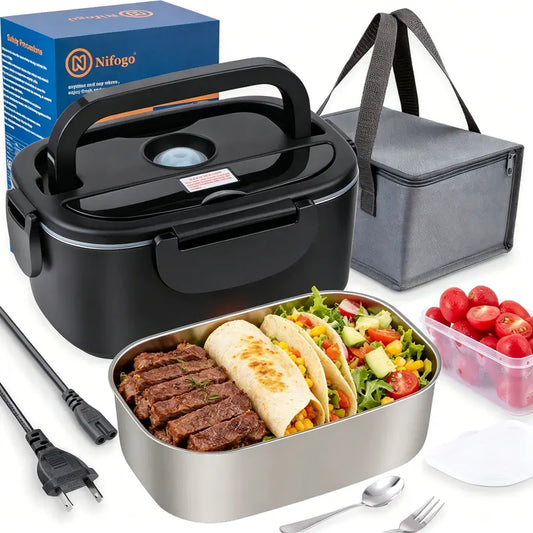 100W Fast-Heating Thermal Lunch Box for Adults, Portable Plastic Insulated Lunch Box with Insulated Bag, 12V/24V Car & 110V Home Dual Use, Rainproof Plug Lonchera Electrica