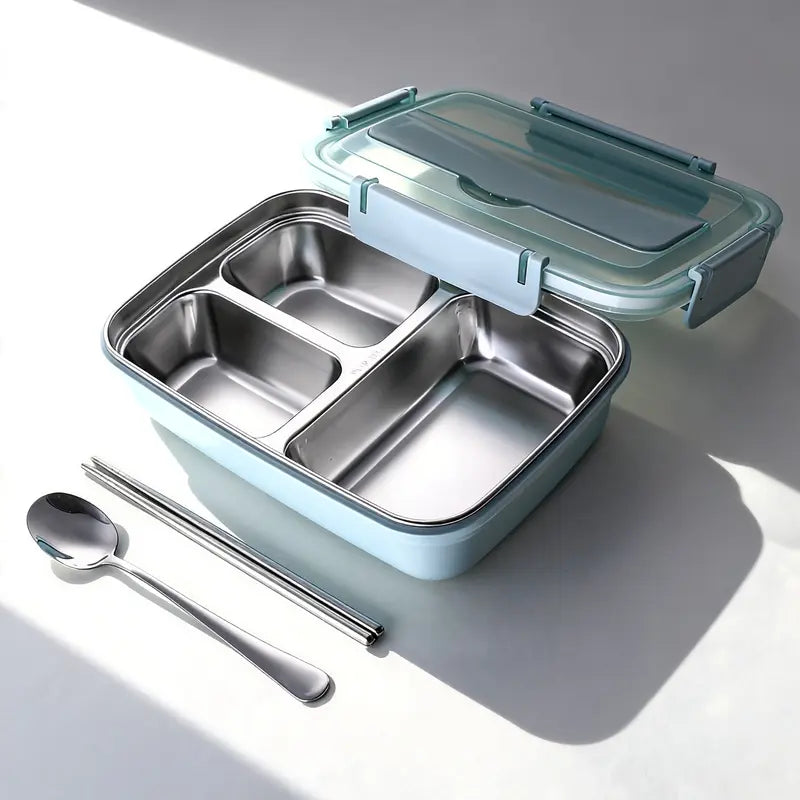 Geometric BPA-Free Personal Lunch Box - Aesthetic Compact for Backpacks Insulated Reusable Thermal Tableware, 3-Grid Steel & Silicone Set, Blue, Includes Spoon, Chopsticks, Snack Container, Ideal for School Kids