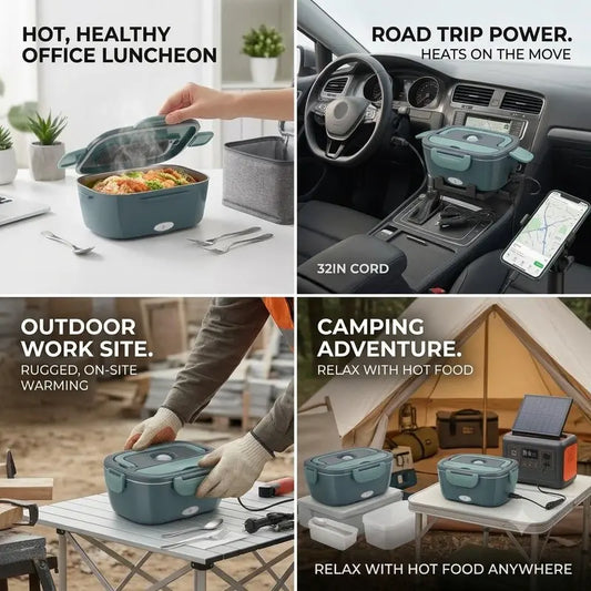 Electric Heated Lunch Box for Car Truck Office, 80W 12V 24V 110V Portable Food Warmer with 1.5L Stainless Steel Container, Leak Proof Heatable Bento Box with Fork Spoon Bag, Kitchen Accessories Perfect Gift