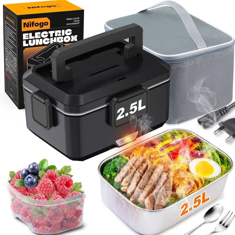 Nifogo 1-Layer Electric Heated Lunch Box - Thermal, 1.5L/1.8L/2.5L Fast Heating, Leak-Proof Insulated, 110V-12V-24V Portable with Tableware Inside & Insulated Lunch Bag for Home, Work