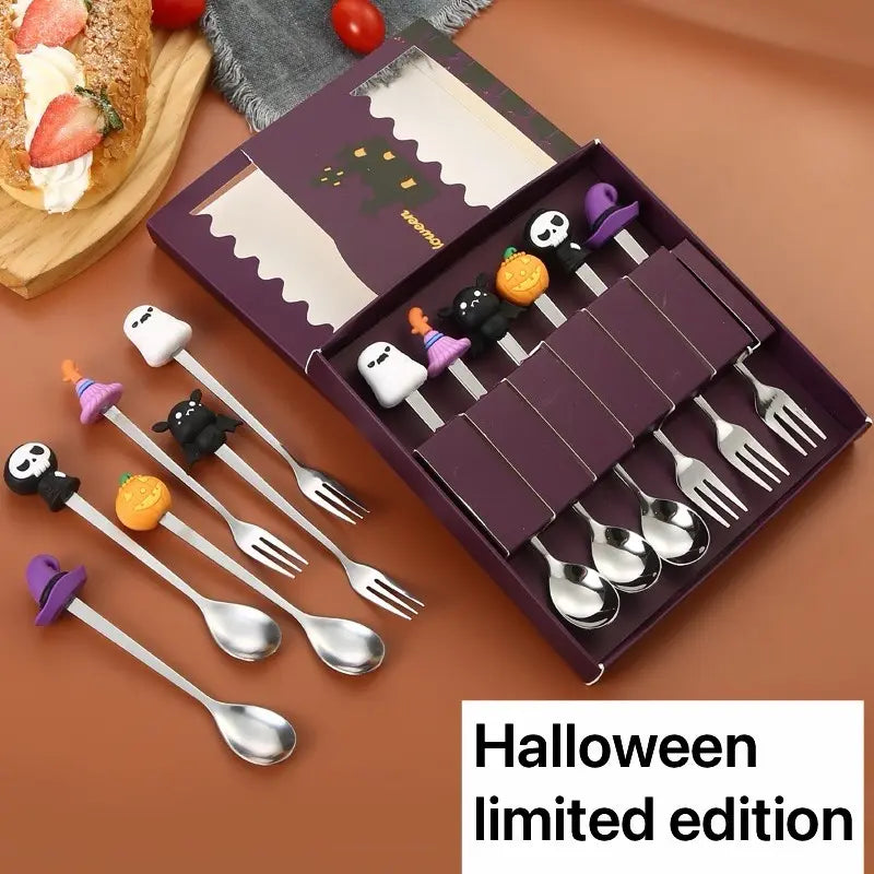 Halloween Stainless Steel Cutlery Set, Tableware Sets, Durable Tableware, Dinnerware, Tableware Kit, Kitchen Dining Utensils, 6-Piece Colorful Dessert Spoons & Fruit Forks, Long Handle Stirring Spoon, Perfect Gift Idea