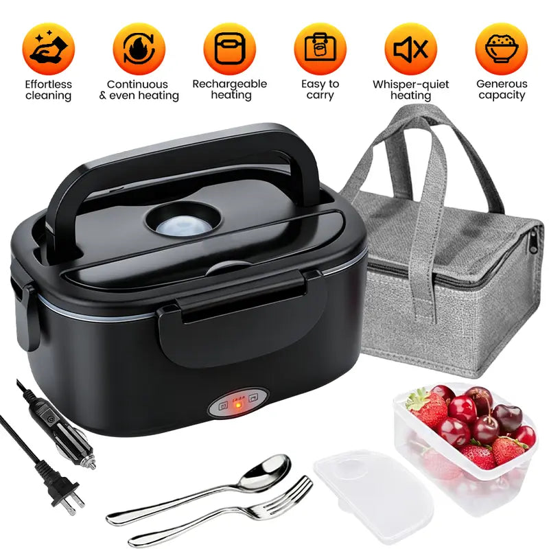 2-in-1 Electric Heating Durable Bento Box for Adults - Leakproof Lunch Box with Handle, 4 Removable Stainless Steel Containers, 2 Plugs (110V-12V-24V 60W) for Car/Truck/Home, Kitchenware Tableware